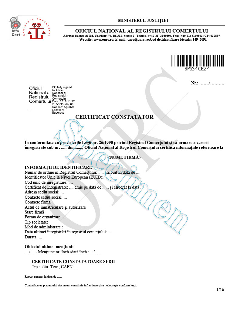 Certificat constatator specimen